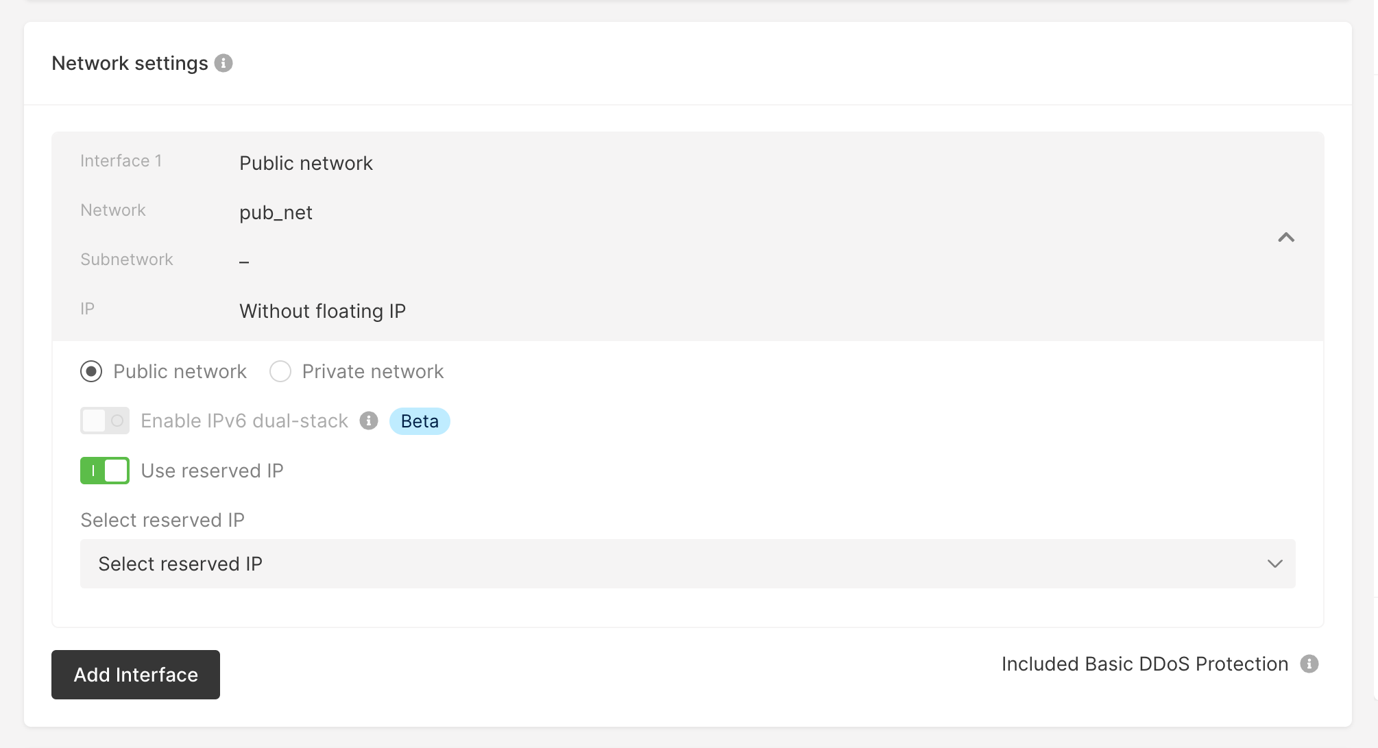 Network settings with highlighted Reserved IP toggle